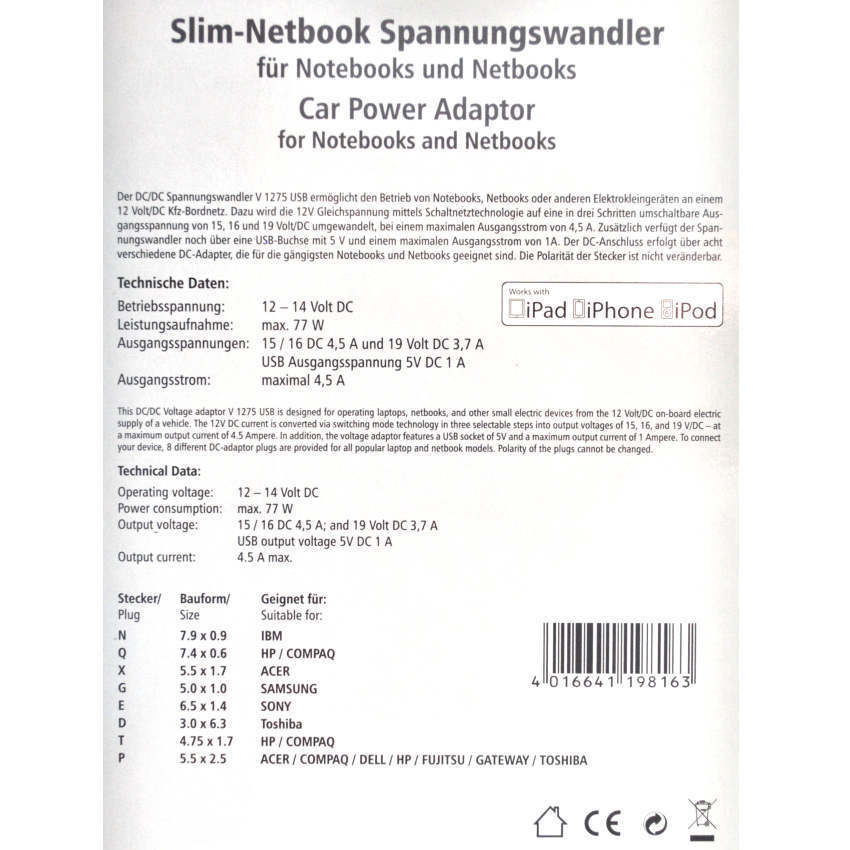 Slim-Netbook Spannungswandler 15/16/19V + USB